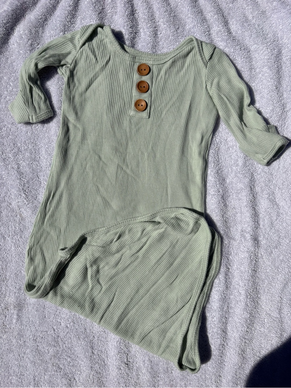 Caden Lane Ribbed Knit Baby Dress in Sage Green with Wooden Buttons